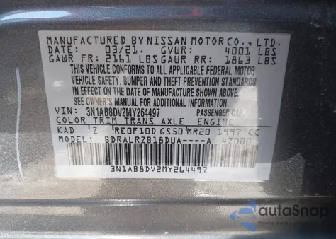 2021 Nissan Sentra Sr Xtronic Cvt z USA, uszkodzony, nr VIN 3N1AB8DV2MY264497